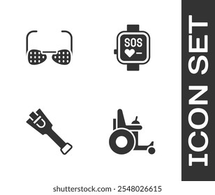 Conjunto Silla de ruedas eléctrica, gafas ciegas, pierna de prótesis e icono de reloj inteligente. Vector