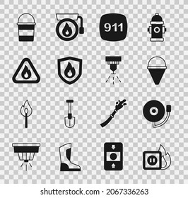 Set Electric wiring of socket in fire, Ringing alarm bell, Fire cone bucket, Emergency call 911, protection shield, flame triangle,  and sprinkler system icon. Vector