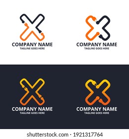 Legen Sie eine Vorlage für das Logo mit dem Anfangsbuchstaben Electric X fest. Vektorgrafik von Illustrationen. Design-Konzept Elektrischer Stecker Mit Buchstabensymbol. Perfekt für Corporate- und Technologiemarkenidentität