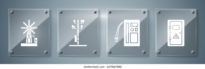 Set Electrical cabinet, Battery, High voltage power pole line and Wind turbine. Square glass panels. Vector