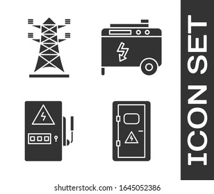 Set Electrical cabinet, High voltage power pole line, Electrical panel and Portable power electric generator icon. Vector