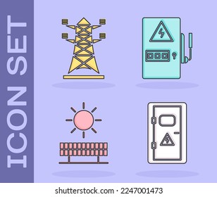 Set Electrical cabinet, High voltage power pole line, Solar energy panel and sun and Electrical panel icon. Vector