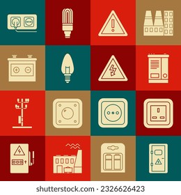 Set Electrical cabinet, outlet, Car battery, Exclamation mark triangle, Light bulb,  and High voltage sign icon. Vector