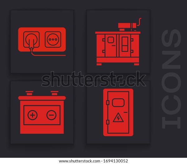 Set Electrical cabinet,\
Electrical outlet, Diesel power generator and Car battery icon.\
Vector