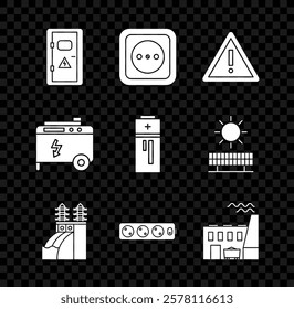 Set Electrical cabinet, outlet, Exclamation mark triangle, Nuclear power plant, extension cord, Coal and factory, Portable electric generator and Battery icon. Vector