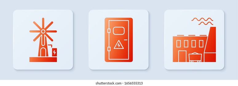 Set Electrical cabinet, Wind turbine and Coal power plant and factory. White square button. Vector