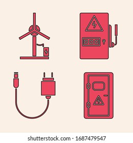 Set Electrical cabinet, Wind turbine, Electrical panel and Charger icon. Vector