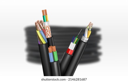Conjunto de cables eléctricos sobre un fondo de bobina. Ilustración del vector aislada en un fondo blanco