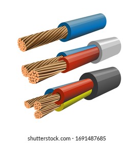 Set of electrical copper core multi strand cables. Single-core, two-core and three-core wires. Vector illustration isolated on white background