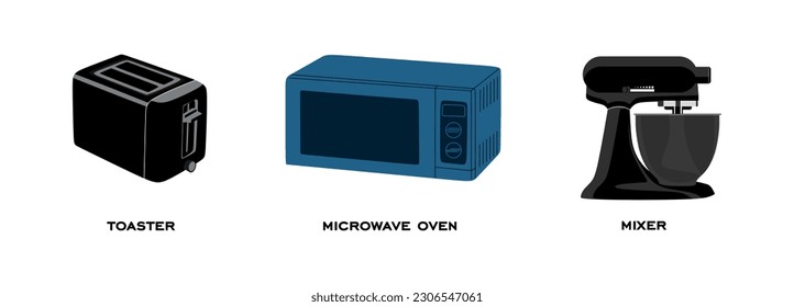 Equipo eléctrico para cocina, cocina. Colección de electrodomésticos aislados en fondo blanco. Tostadora, horno de microondas y mezclador en ilustración vectorial plana