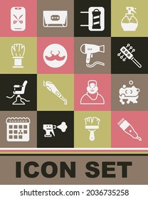 Set Clipper de pelo eléctrico, Bar de jabón con espuma, Arroz de pelo, Poste de barbería, Mustache, Shave, servicio online o plataforma e icono de secadora. Vector