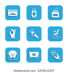 Set Electrical hair clipper, Blade razor, blade, Barbershop chair, Mustache and beard, Medical rubber gloves, Cream cosmetic jar and Hairbrush icon. Vector
