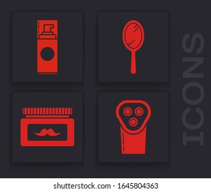 Set Electrical hair clipper or shaver, Shaving gel foam, Hand mirror and Cream or lotion cosmetic jar icon. Vector
