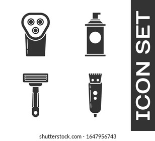 Set Electrical hair clipper or shaver, Electrical hair clipper or shaver, Shaving razor and Shaving gel foam icon. Vector