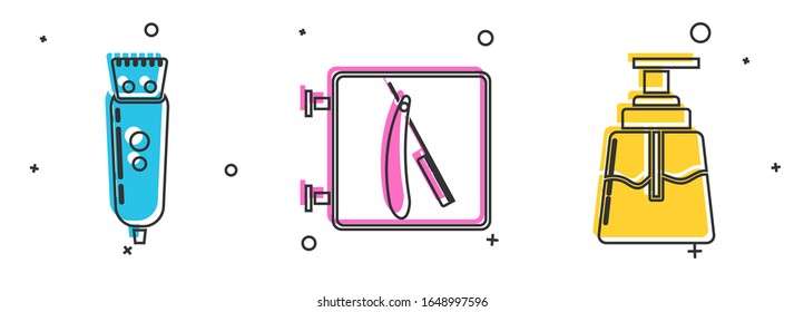 Set Electrical hair clipper or shaver, Barbershop with razor and Aftershave icon. Vector
