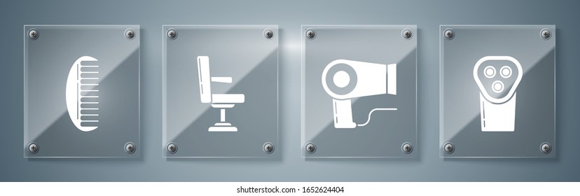 Set Electrical hair clipper or shaver, Hair dryer, Barbershop chair and Hairbrush. Square glass panels. Vector
