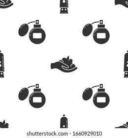 Set Electrical hair clipper or shaver, Shaving gel foam on hand and Aftershave on seamless pattern. Vector