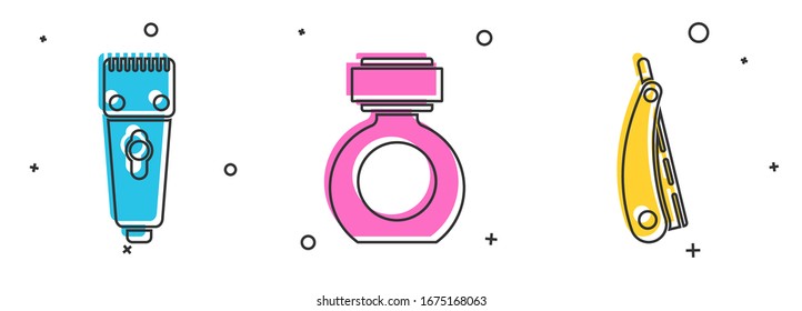 Coloque el capilar o el afeitador eléctrico, el icono Aftershave y el icono de la cuchilla de afeitar. Vector