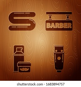 Set Electrical hair clipper or shaver, Towel, Shaving gel foam and Barbershop on wooden background. Vector