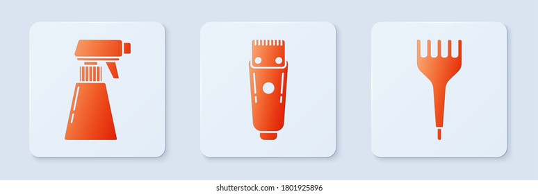 Ponga el capilar o el afeitador eléctrico, el frasco de spray de pistola de peluquería y el cepillo de pelo. Botón cuadrado blanco. Vector