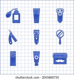 Set Electrical hair clipper or shaver, Cream lotion cosmetic tube, jar, Hand mirror, Shaving gel foam, Straight razor, blade for men and Aftershave bottle with atomizer icon. Vector