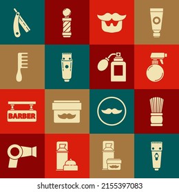 Ajuste Cuchillador o afeitador de pelo eléctrico, Cepillo de afeitar, Frasco de spray para pistolas de peluquería, Cosas y barba, Cepillo de pelo, Zorra recta y Atershave con icono de atomizador. Vector