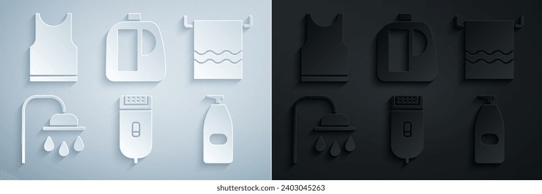 Set Electrical hair clipper or shaver, Towel on hanger, Shower head, Bottle of liquid antibacterial soap, Bottles for cleaning agent and Sleeveless T-shirt icon. Vector