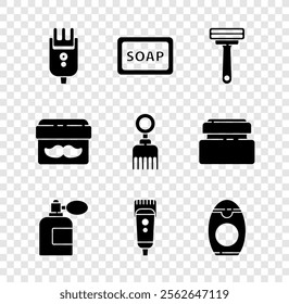 Set Electrical hair clipper or shaver, Bar of soap with foam, Shaving razor, Aftershave bottle atomizer, Bottle shampoo, Cream lotion cosmetic jar and Hairbrush icon. Vector