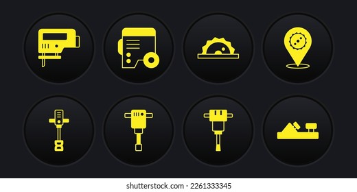Set Mezclador de hormigón de mano eléctrica, cuchilla de sierra circular, jackhammer de construcción, circular, generador eléctrico de potencia, herramienta de plano de madera e icono de rompecabezas. Vector