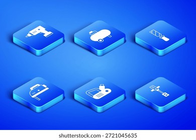 Set Electrical hand concrete mixer, cordless screwdriver, planer tool, jigsaw, Air compressor and Rasp metal file icon. Vector