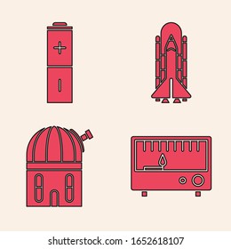 Set Electrical measuring instruments, Battery, Space shuttle and rockets and Astronomical observatory icon. Vector