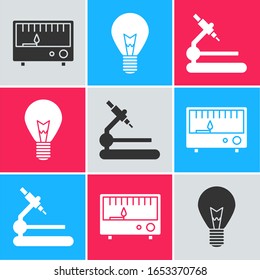 Set Electrical measuring instruments, Light bulb with concept of idea and Microscope icon. Vector