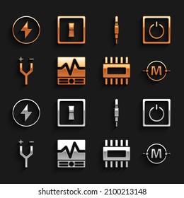 Set Electrical measuring instruments, light switch, circuit scheme, Processor with microcircuits CPU, cable, Audio jack, Lightning bolt and  icon. Vector