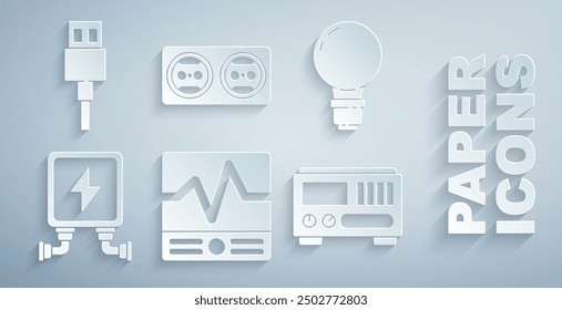 Set Electrical measuring instruments, Light bulb with concept of idea, transformer, outlet and USB cable cord icon. Vector