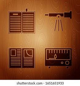Set Electrical measuring instruments, Open science book, Open book and Telescope on wooden background. Vector