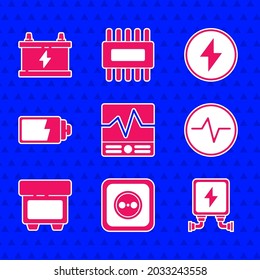 Set Electrical measuring instruments, outlet, transformer, circuit scheme, Fuse, Battery charge level indicator, Lightning bolt and Car battery icon. Vector