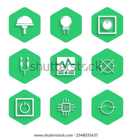 Set Electrical measuring instruments, Processor with microcircuits CPU, scheme, light switch, Audio jack,  and Light emitting diode icon. Vector