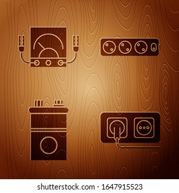 Set Electrical outlet, Ampere meter, multimeter, voltmeter, Car battery and Electric extension cord on wooden background. Vector