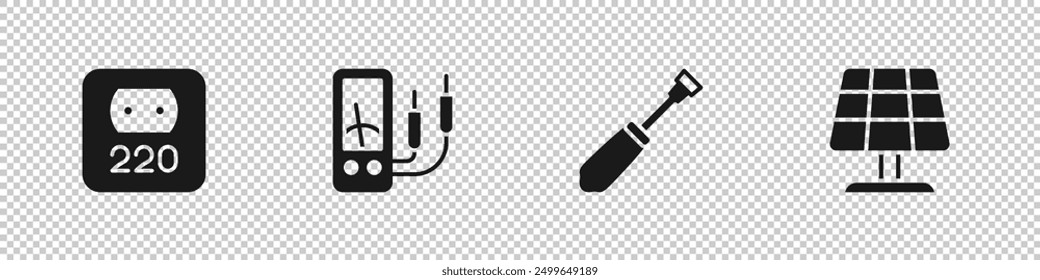 Set Electrical outlet, Ampere meter, multimeter, Screwdriver and Solar energy panel icon. Vector