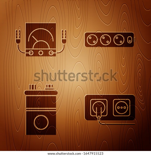 Set Electrical outlet, Ampere meter, multimeter,\
voltmeter, Car battery and Electric extension cord on wooden\
background. Vector