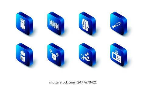Set Electrical outlet, Bathrobe, Knife, Identification badge, Paying tips, Toilet paper roll, Trash can and Refrigerator icon. Vector