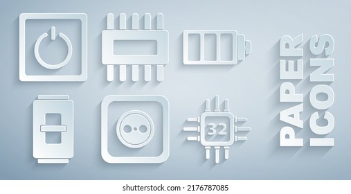 Ajuste toma eléctrica, indicador de nivel de carga de la batería, interruptor de luz, CPU de procesador con microcircuitos e icono. Vector