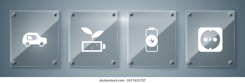 Set Electrical outlet, Battery charge, Eco nature leaf battery and car. Square glass panels. Vector