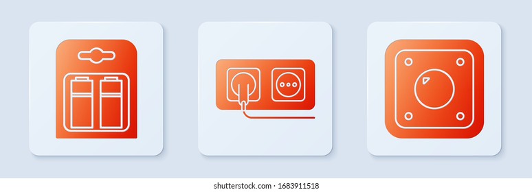 Elektrische Steckdose, Akku im Paket und elektrischer Lichtschalter. Weißer Quadrat-Knopf. Vektorillustration