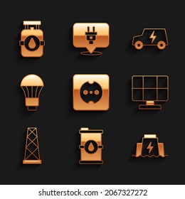 Set Electrical outlet, Bio fuel barrel, Hydroelectric dam, Solar energy panel, Antenna, LED light bulb, car and Propane gas tank icon. Vector