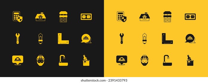 Set Electrical outlet, Builder, Corner ruler, Washbasin, Light bulb, Chimney, Security keypad access panel and House icon. Vector