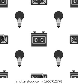 Ajuste toma eléctrica, batería de Camión y bombilla eléctrica con concepto de idea en un patrón transparente. Vector