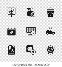 Definir tomada elétrica, carro, painel de energia solar, Lixeira, água limpa, Apple e Calendário com ícone de folhas de outono. Vetor
