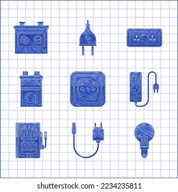 Set Electrical outlet, Charger, Light bulb with concept of idea, extension cord, panel, Car battery,  and  icon. Vector