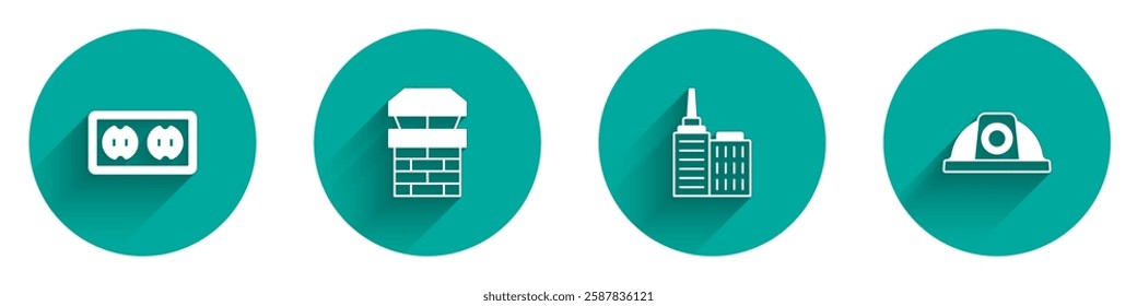 Set Electrical outlet, Chimney, City landscape and Worker safety helmet icon with long shadow. Vector
